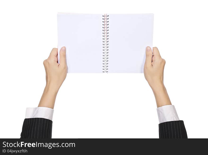 Business woman hold blank notebook isolated over white background. You can put your message on the paper. Business woman hold blank notebook isolated over white background. You can put your message on the paper