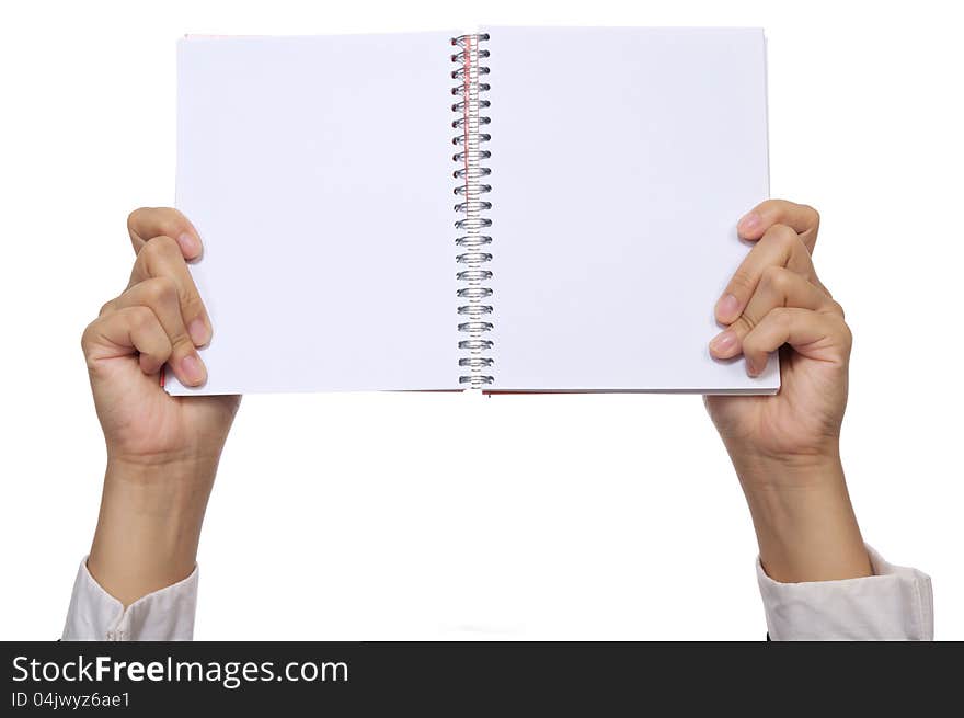 Business woman hold blank notebook isolated over white background. You can put your message on the paper. Business woman hold blank notebook isolated over white background. You can put your message on the paper