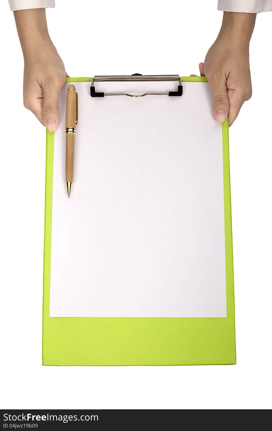 Business woman holding clipboard isolated over white background. You can put your message on the paper. Business woman holding clipboard isolated over white background. You can put your message on the paper.