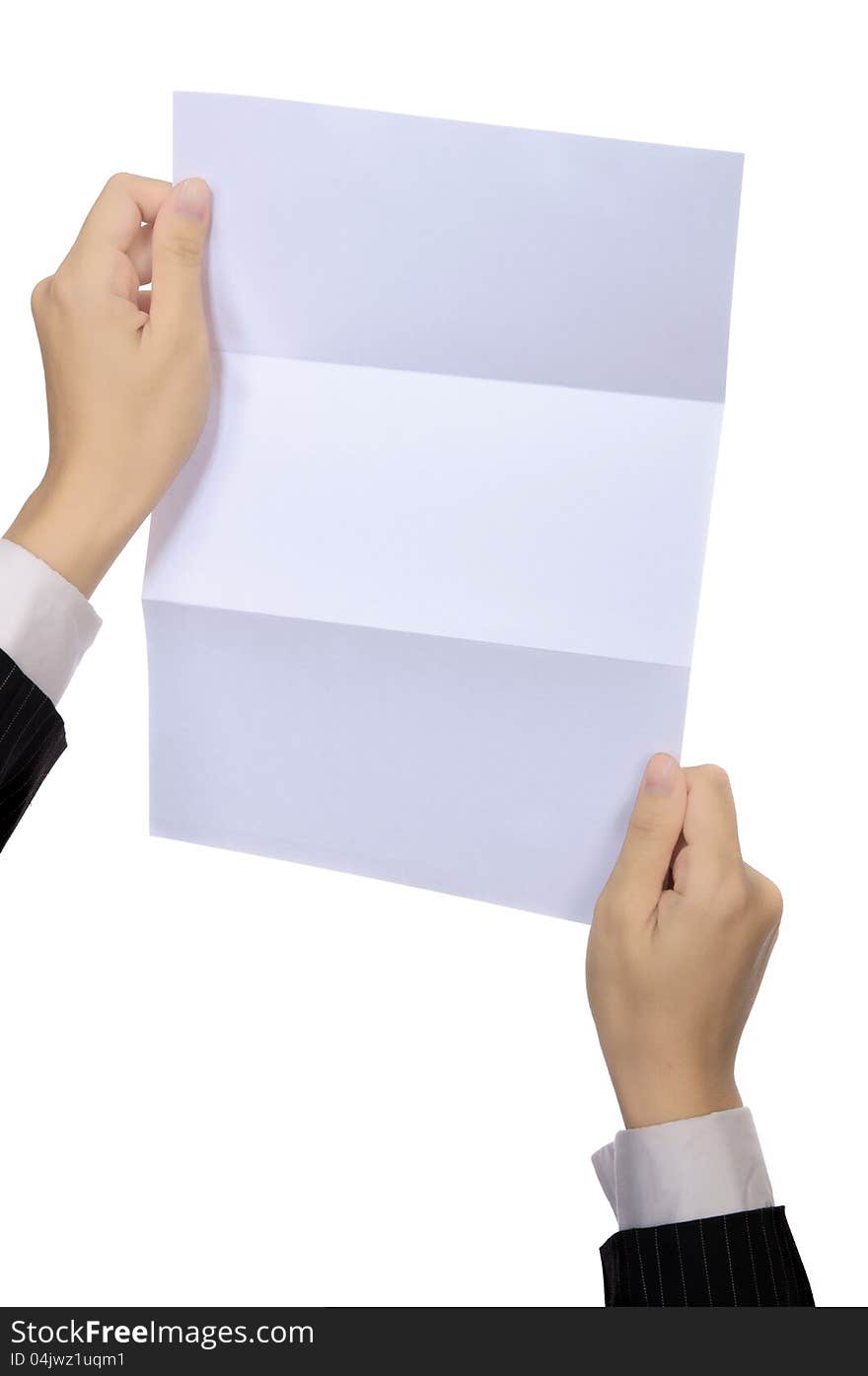 Blank paper holding by business woman isolated over white background. You can put your message on the paper. Blank paper holding by business woman isolated over white background. You can put your message on the paper