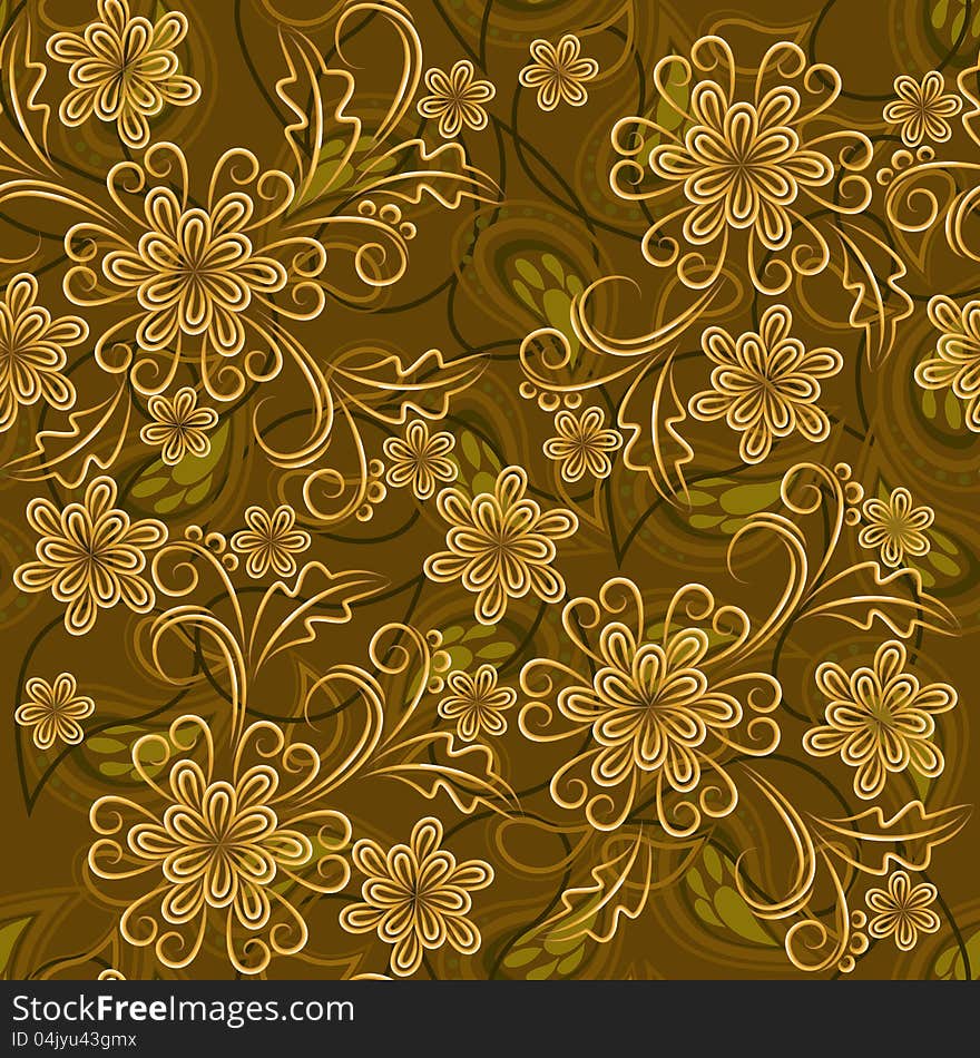 Seamless background with gold flowers and paisley elements. Seamless background with gold flowers and paisley elements