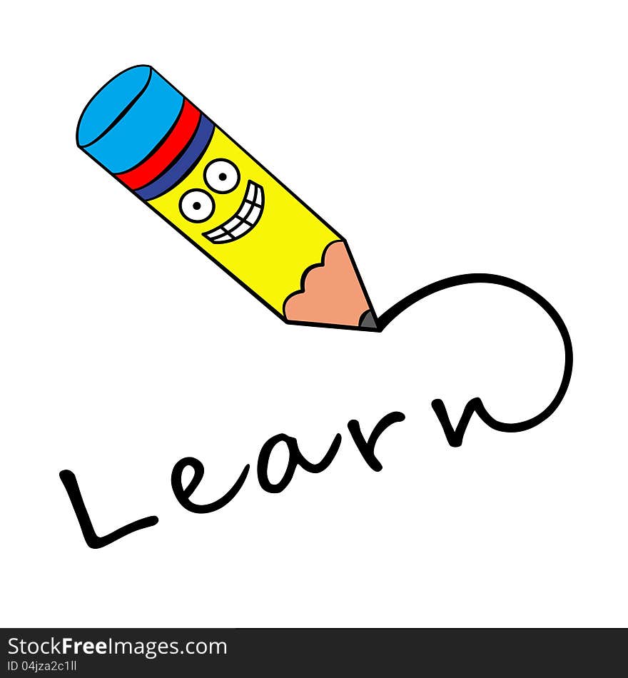 A cartoon pencil writing the word learn. A cartoon pencil writing the word learn