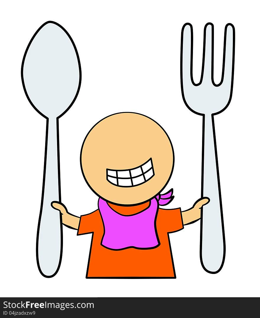 A cartoon character holding a large spoon and fork. A cartoon character holding a large spoon and fork