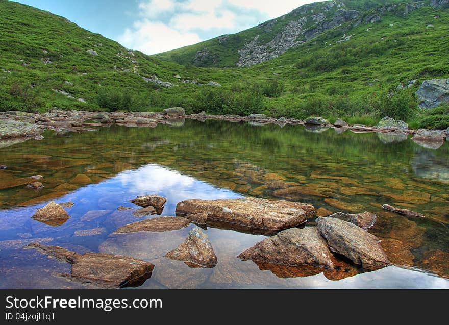 Alpine mountain lake with blue sky reflected in water