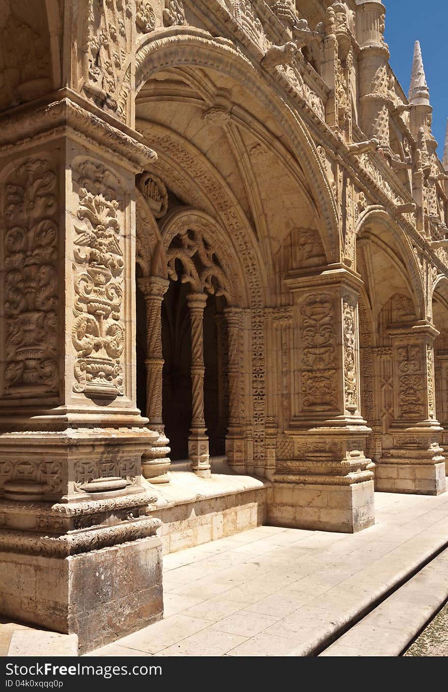 Detail of gallery in Jeronimos monastery, Belem. Lisbon, Portugal