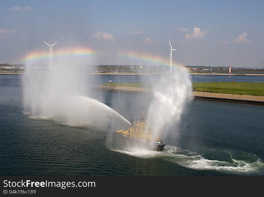 Fireboat in action in the port of Rotterdam