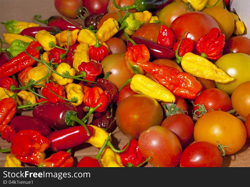 Assorted Peppers and tomatoes on a table