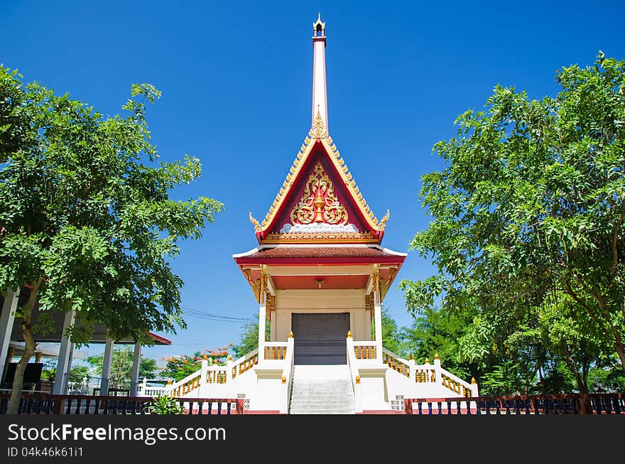 The beautiful Thai temple in blue sky, Rayong, Thailand