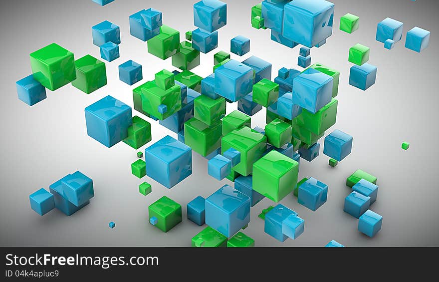 Abstract green and blue cubes background, 3D render. Abstract green and blue cubes background, 3D render