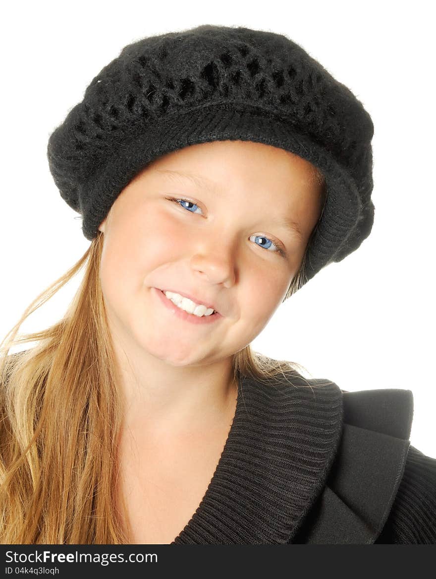 Beautiful happy girl with black hat , portrait, isolated on white. Beautiful happy girl with black hat , portrait, isolated on white