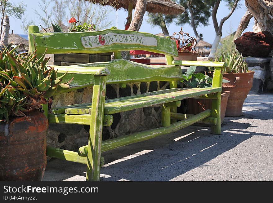 Beach front bench in Perissa Santorini. Beach front bench in Perissa Santorini