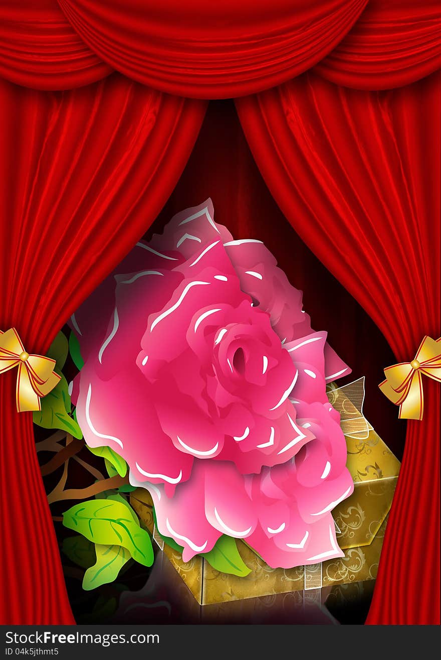 Red Stage Theater Drapes with Roses and Gift Box. Red Stage Theater Drapes with Roses and Gift Box.