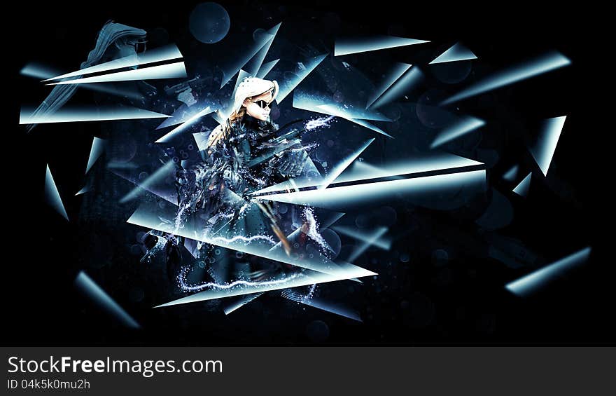 3D Girl with army weapons in black coat and sun glasses. 3D Girl with army weapons in black coat and sun glasses.