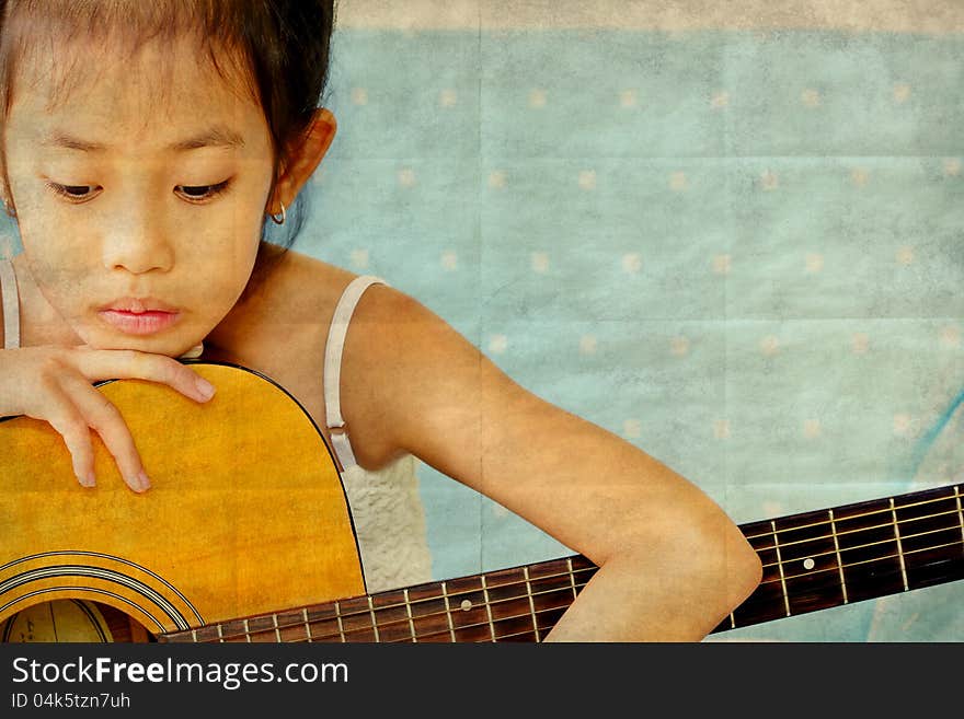 Asian girl with guitar retro style