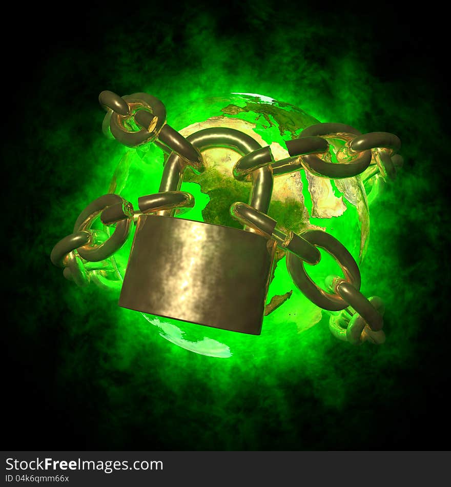 3D picture of green Earth breaking golden chain. Theme of change the world, freedom. 3D picture of green Earth breaking golden chain. Theme of change the world, freedom.