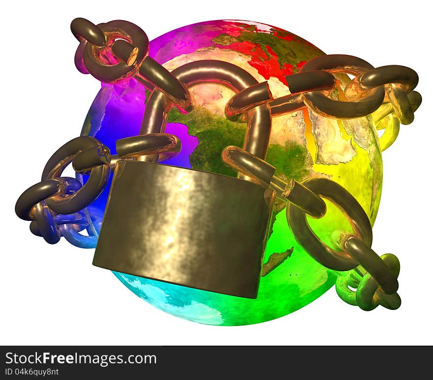 3D picture of rainbow Earth breaking golden chain. Theme of change the world, freedom. Isolated on white background.