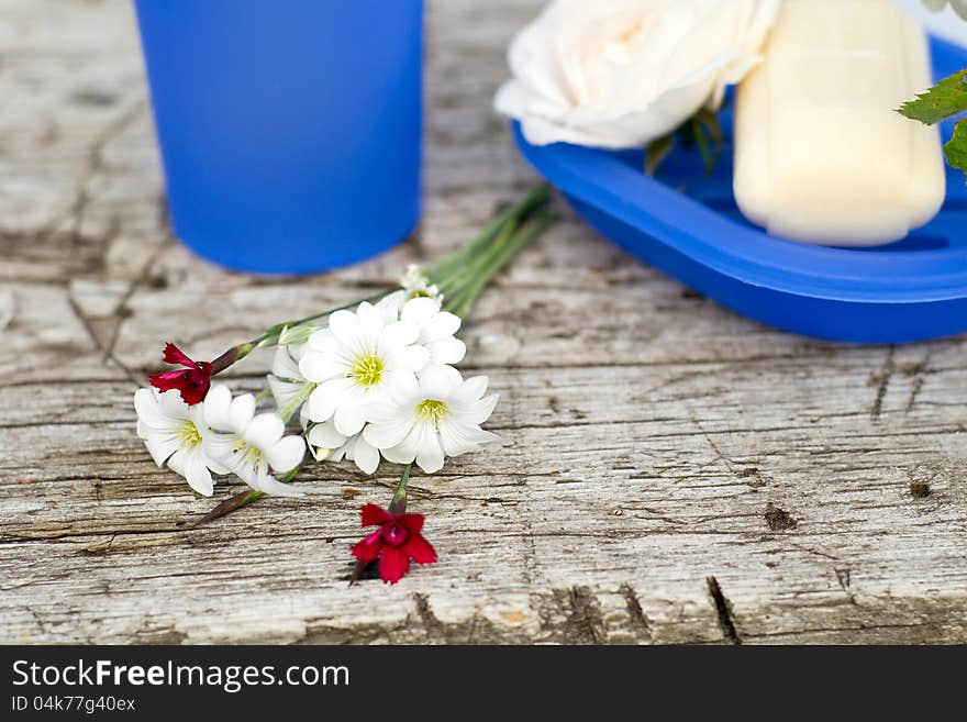 Spa on the pier, red and white flowers, soap and mug. Spa on the pier, red and white flowers, soap and mug