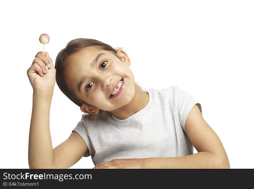 Young girl with missing front tooth on white background