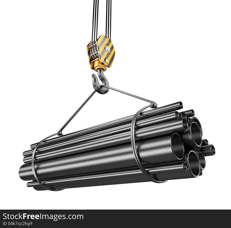 Crane hook with steel pipes 3D. on white background
