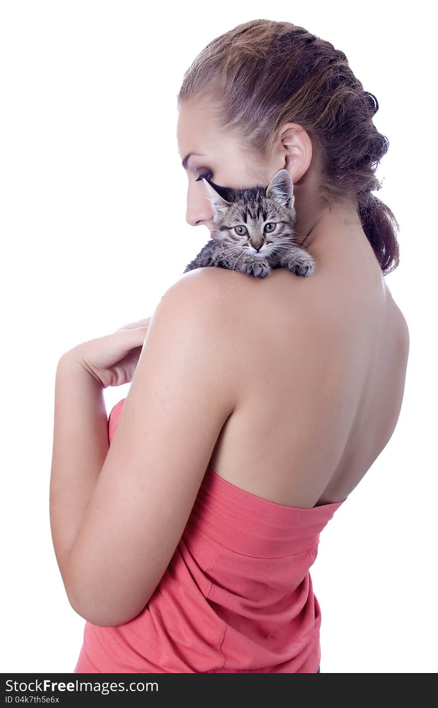 Portrait of a cute girl with a kitten against white background. Portrait of a cute girl with a kitten against white background