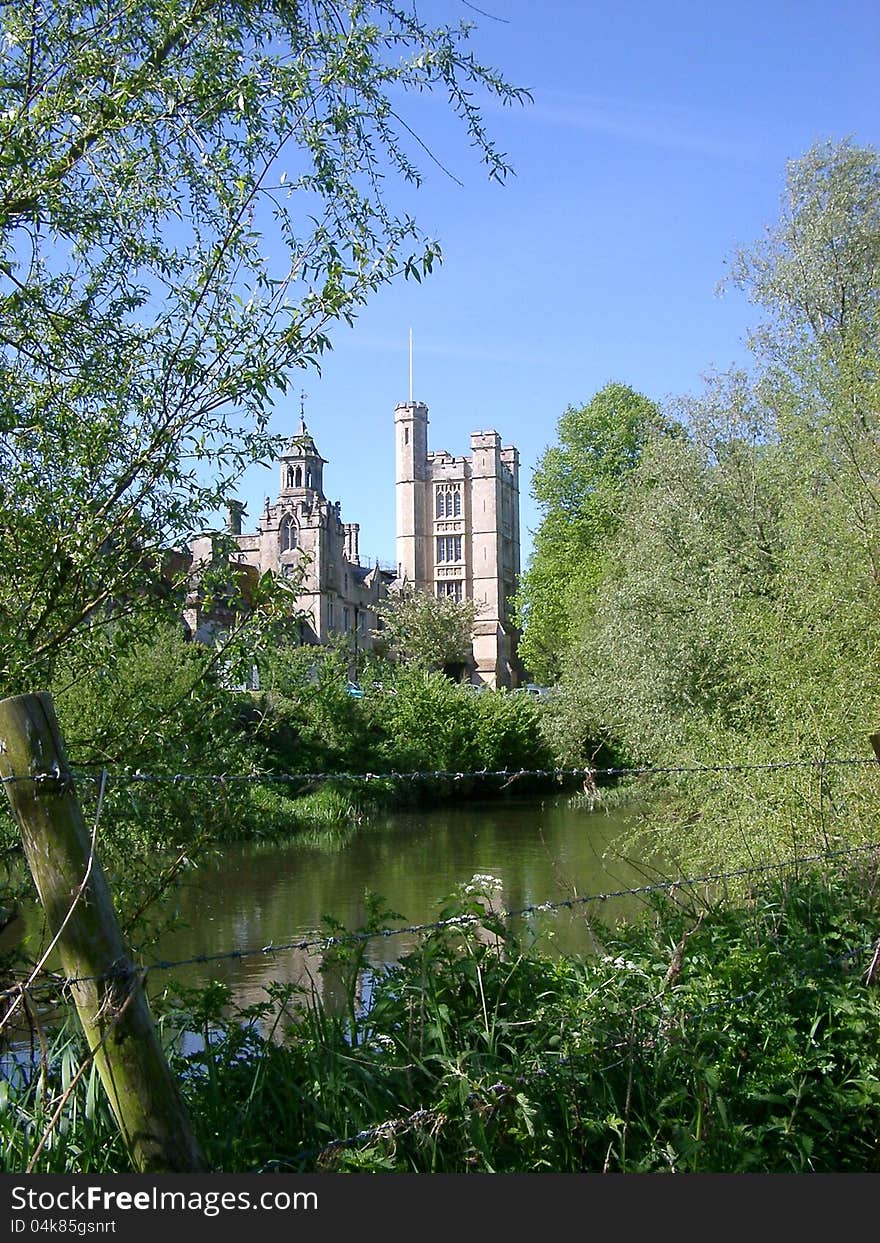 View of Canford School in Wimborne, Dorset with river Stour in foreground