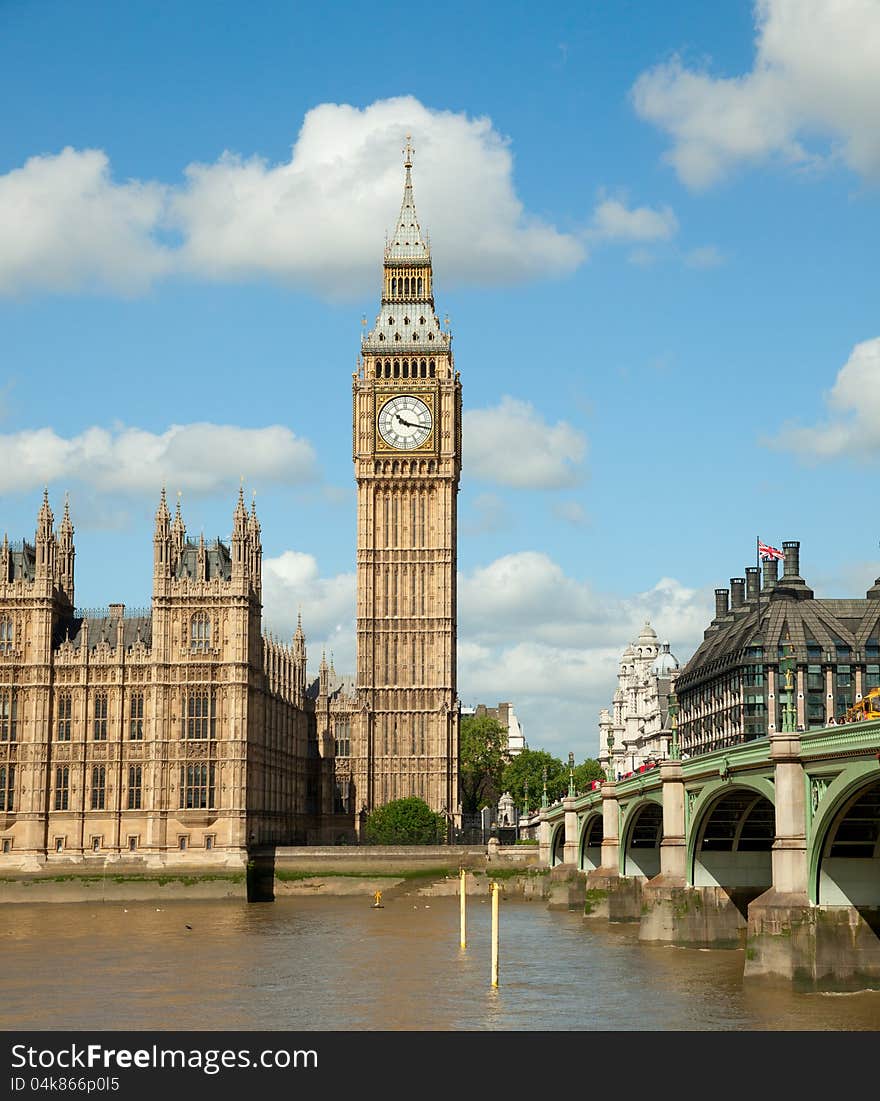 Buildings of Parliament  with Big Ben tower in London UK