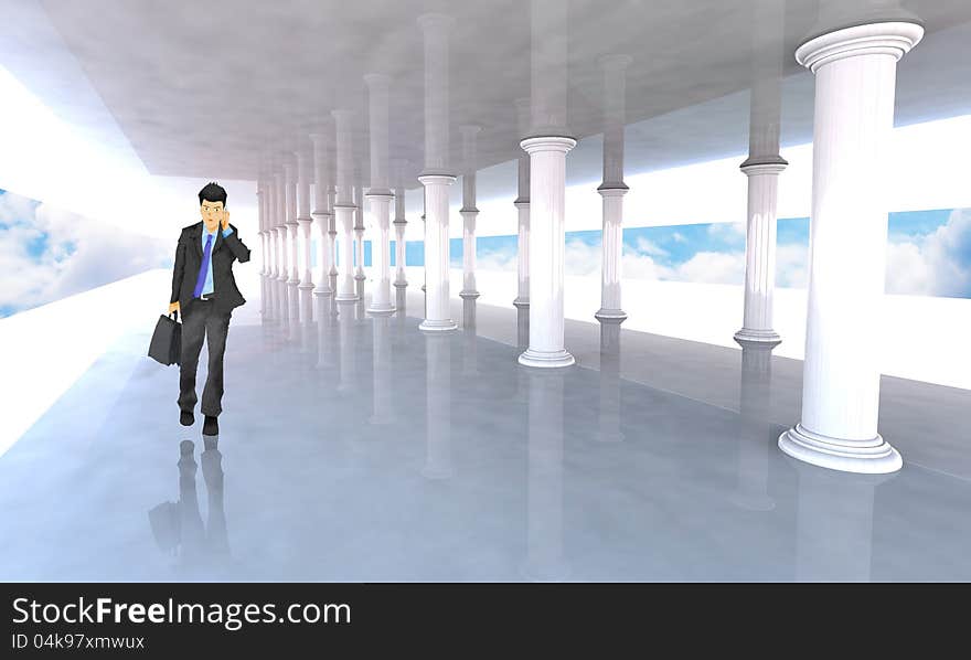 Business man on the phone carrying a suitcase in front of classical colonnade with arcades and columns. Business man on the phone carrying a suitcase in front of classical colonnade with arcades and columns