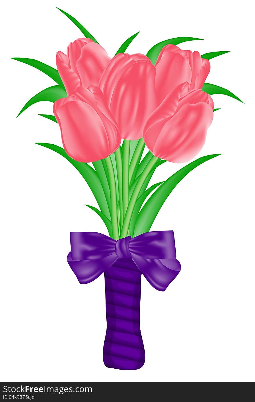 Vector image of a bouquet of five tulips in a gift box. Vector image of a bouquet of five tulips in a gift box