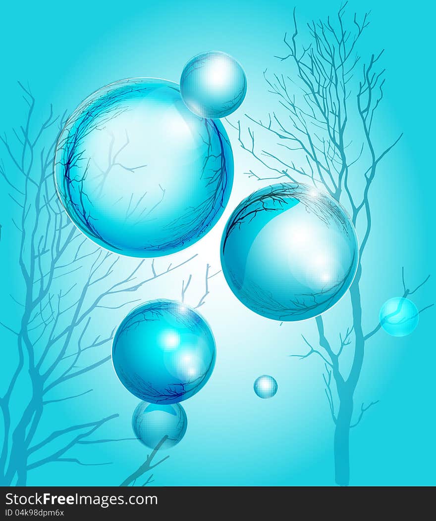 Amasing blue soap bubbles with tree reflections. Amasing blue soap bubbles with tree reflections