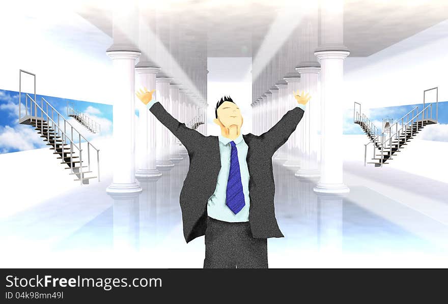 Excited business man with arms raised in success