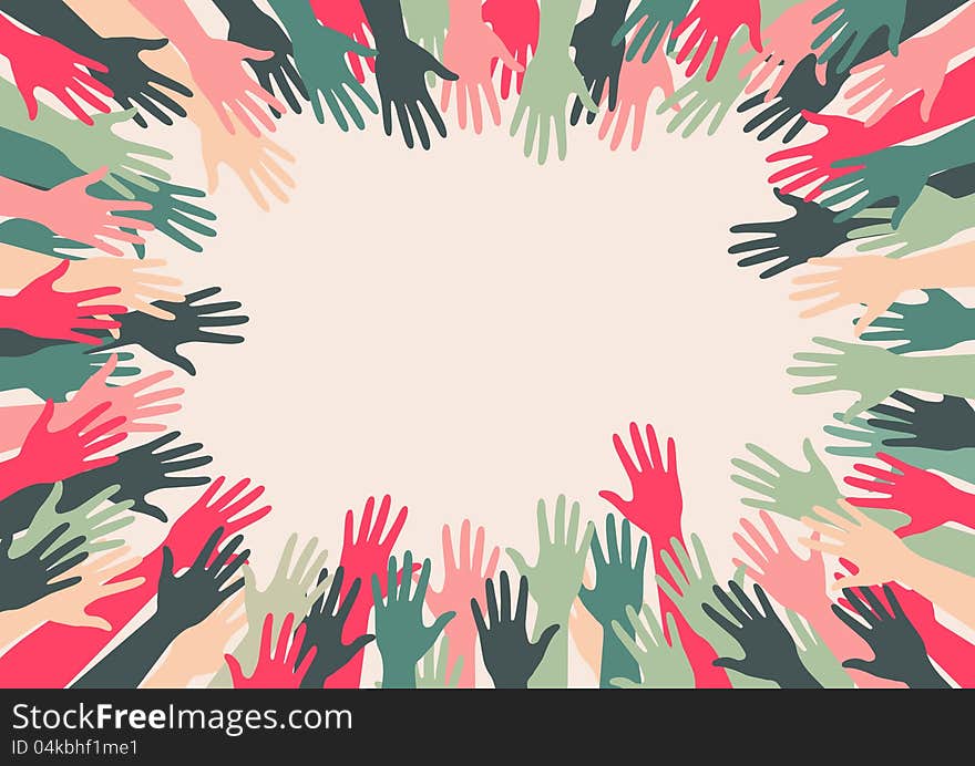 Group of hands reaching towards an area of copy space. Group of hands reaching towards an area of copy space