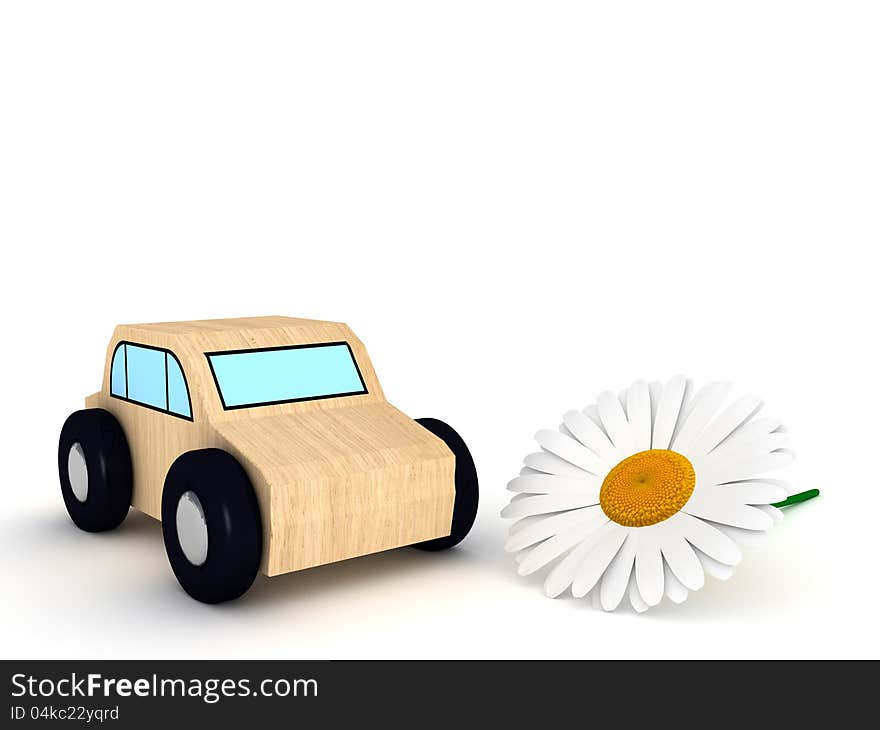 Car toy on white background with daisy. Car toy on white background with daisy.