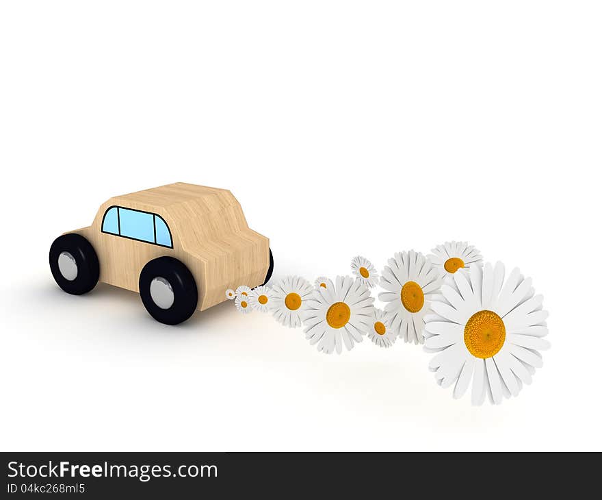 Car toy on white background with daisy. Car toy on white background with daisy.