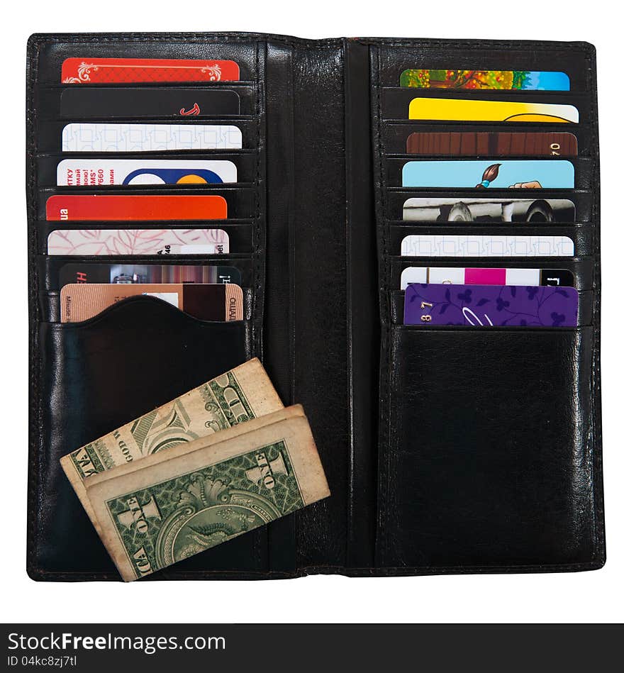 Wallet with plastic cards on a white background