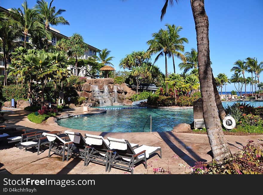 View of luxury hotel, Kaanapali, Maui, Hawaii with palm trees. View of luxury hotel, Kaanapali, Maui, Hawaii with palm trees.