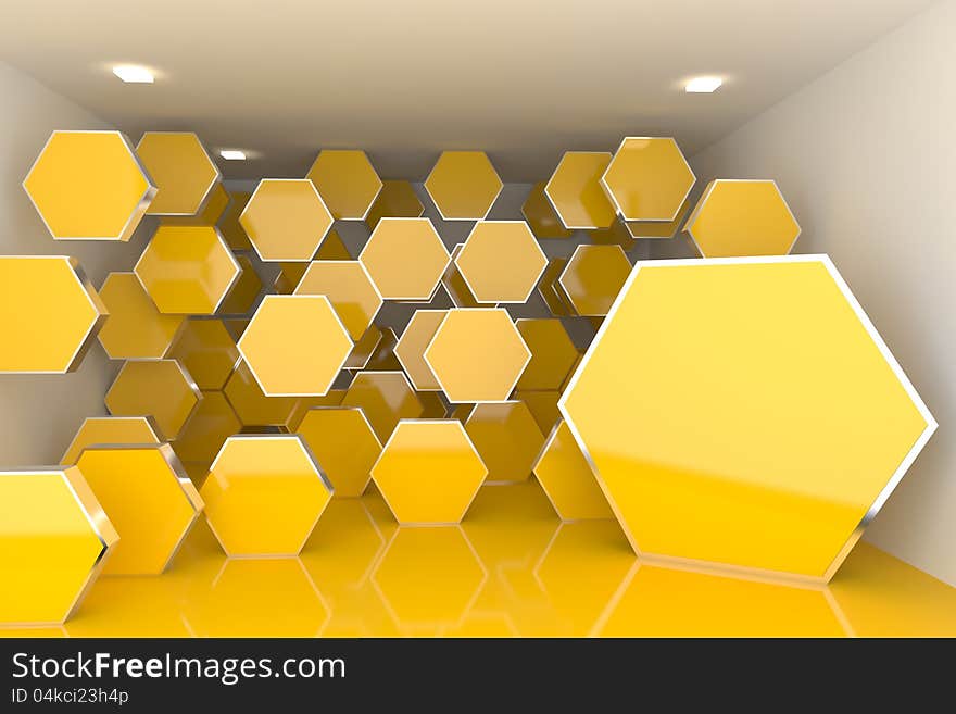 Abstract interior rendering with empty room color hexagon box display.