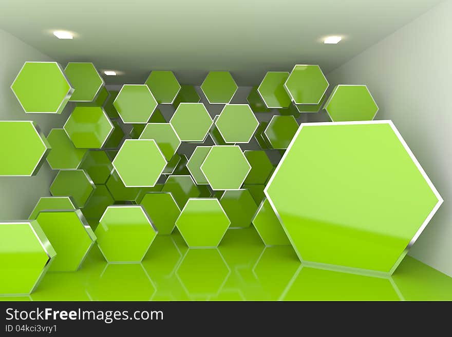 Abstract interior rendering with empty room color hexagon box display.