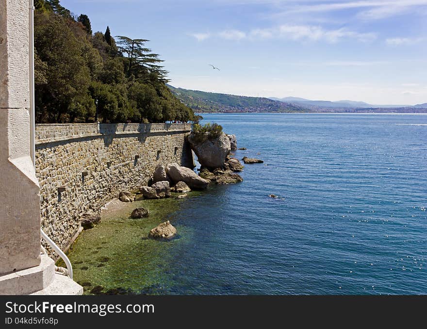 The Gulf of Trieste's Adriatic coastline from Miramare Castle park. The Gulf of Trieste's Adriatic coastline from Miramare Castle park.