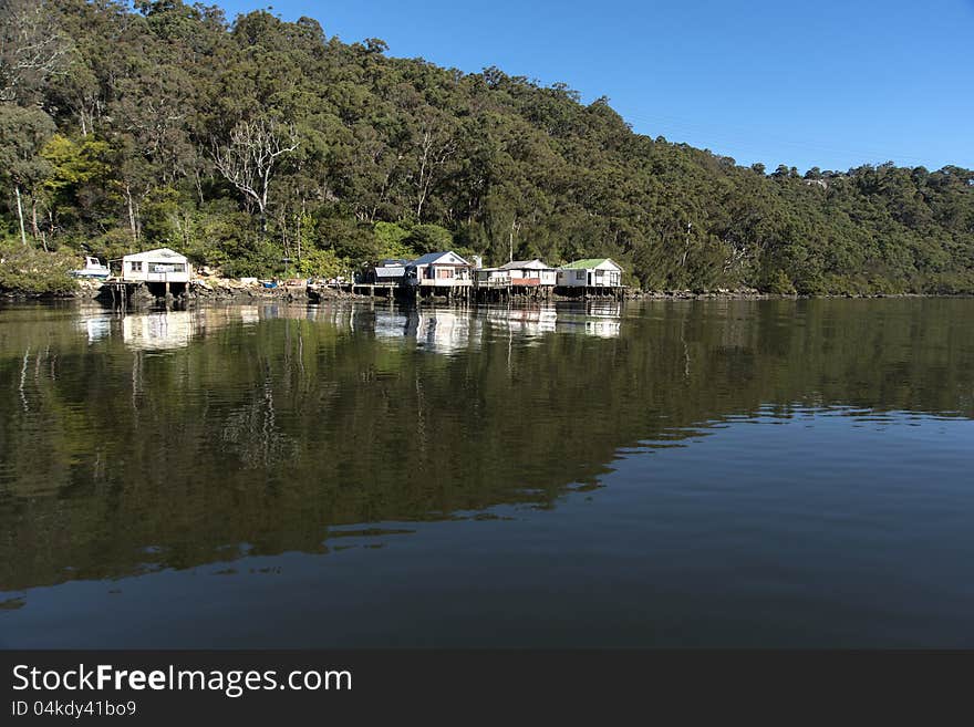 Fishermens Cottages on the Georges River Sydney. Copyspace.