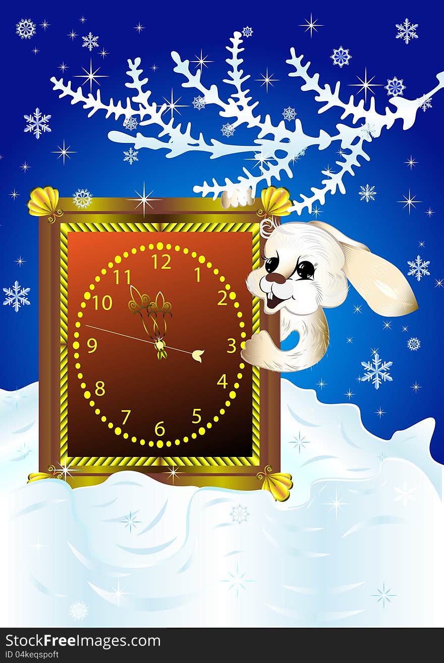 Christmas card with white rabbit looking out of clock around midnight.