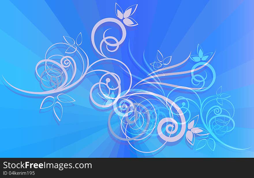Floral ornament on blue rays background.