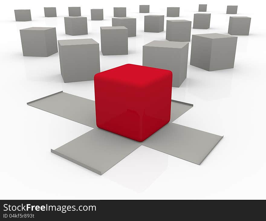 Red cube in gray box. Red cube in gray box