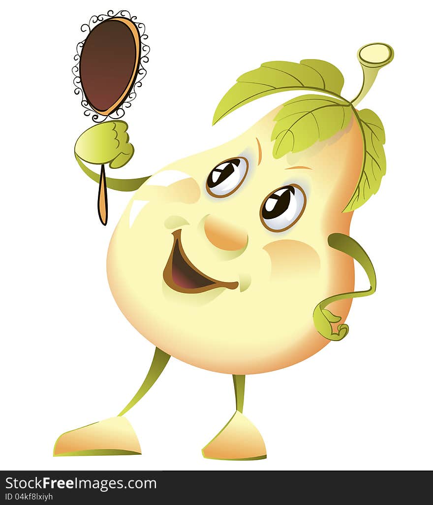 Yellow Pear Cartoon Character with a mirror. Yellow Pear Cartoon Character with a mirror