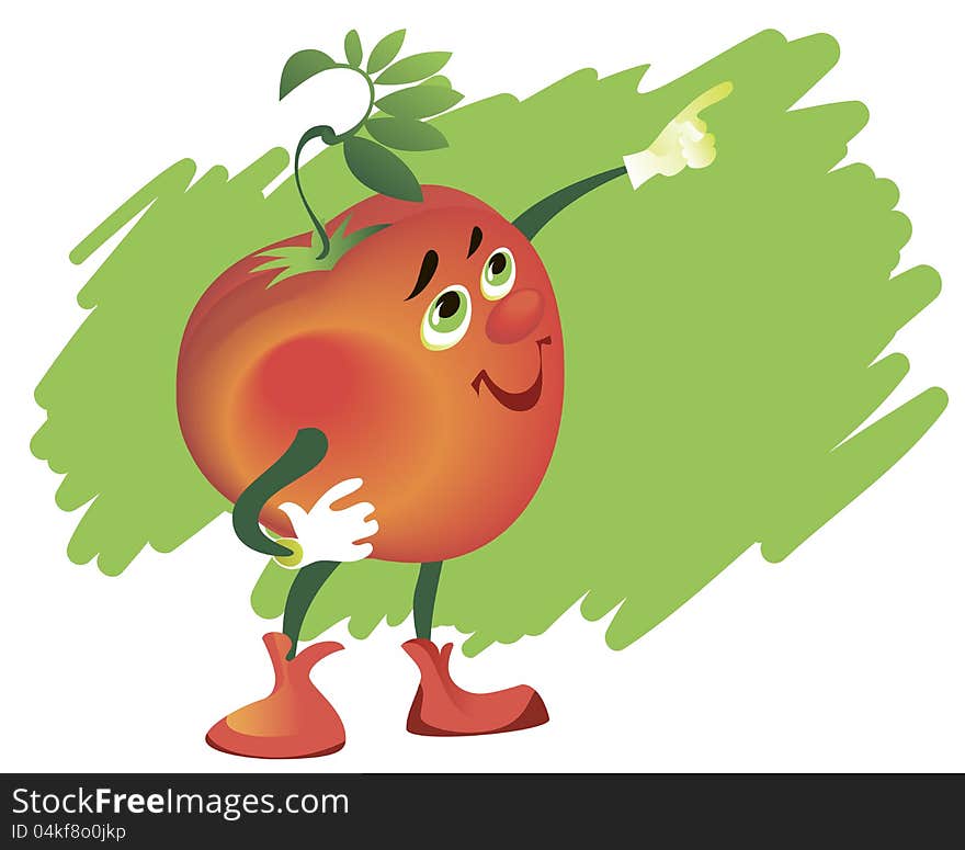 Comic ripe and juicy Tomato Cartoon Character in white gloves. Comic ripe and juicy Tomato Cartoon Character in white gloves