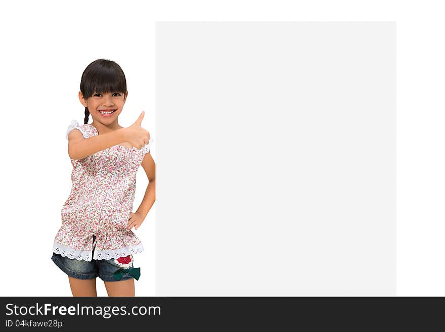 Little girl looking out of the blank sheet of paper, Isolated on white with clipping path