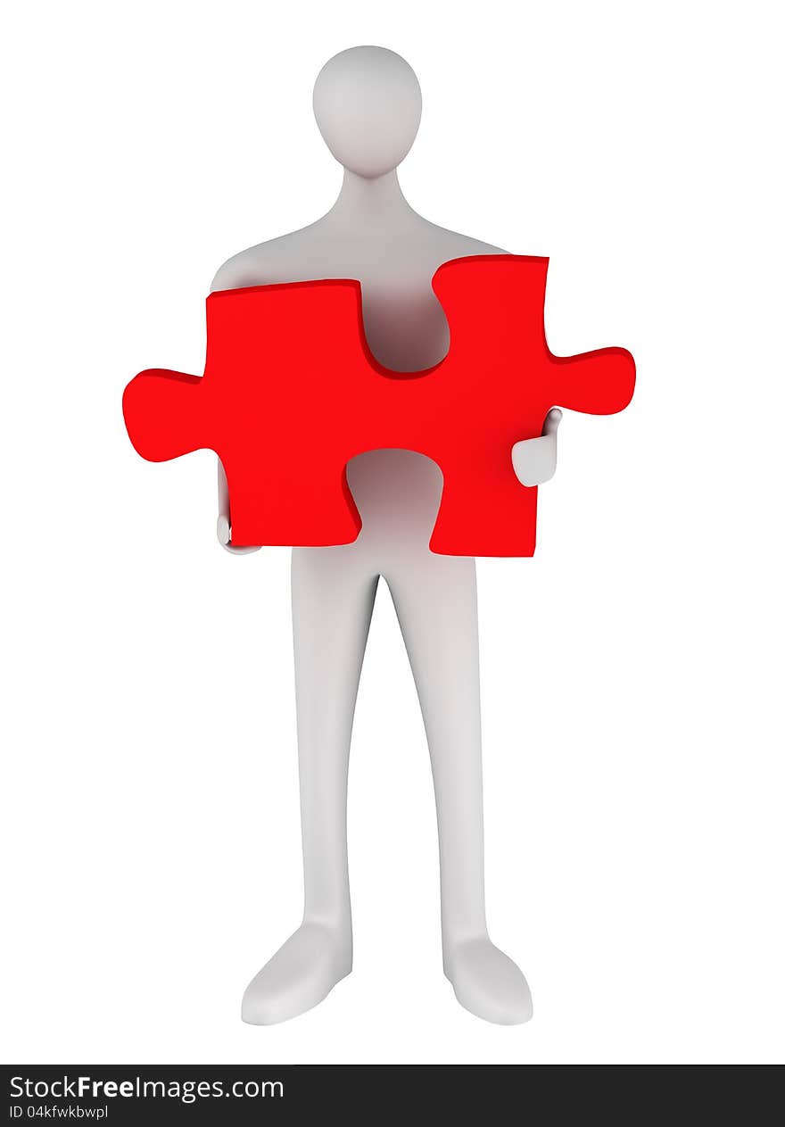 3d man standing with puzzle on a white background