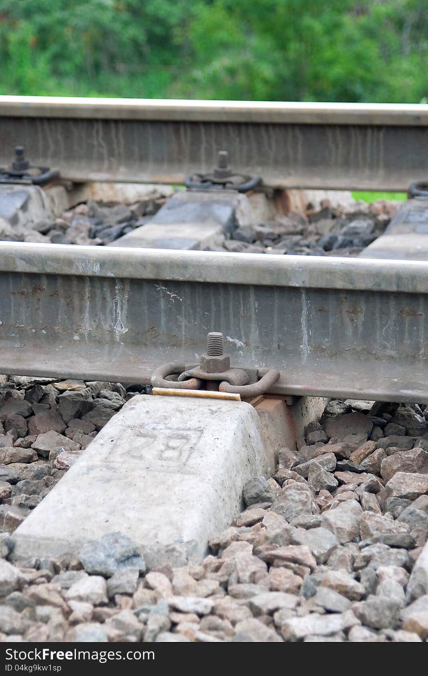 A fragment of the railroad, metal rails and concrete sleepers. A fragment of the railroad, metal rails and concrete sleepers