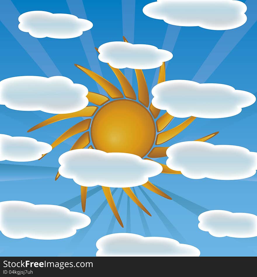 Sun with clouds vector whit rays