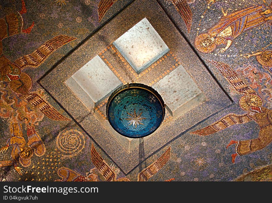 Ceiling with lamp in the chapel of monastery Le Mont Saite-Odile. Ceiling with lamp in the chapel of monastery Le Mont Saite-Odile