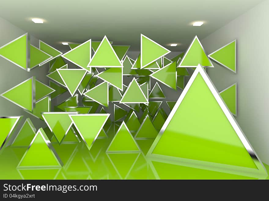 Abstract interior rendering with empty room color triangle box display.